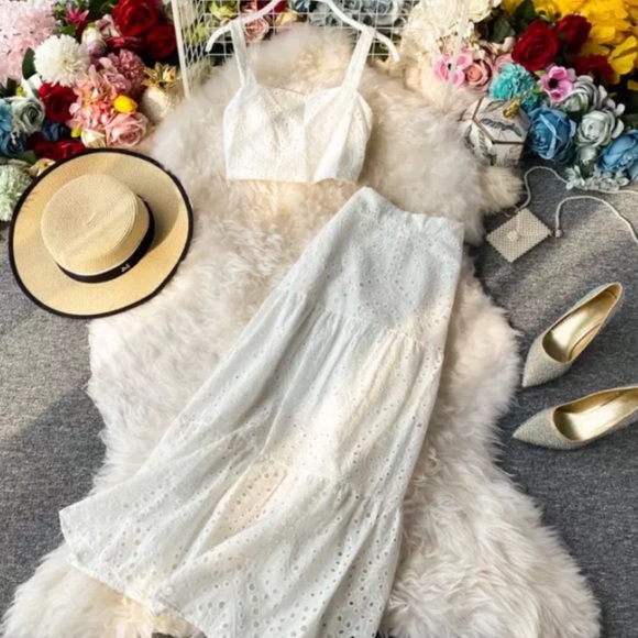 Dresses & Skirts - WHITE ♡ EYELET 2 pieces Top + Skirt SET
